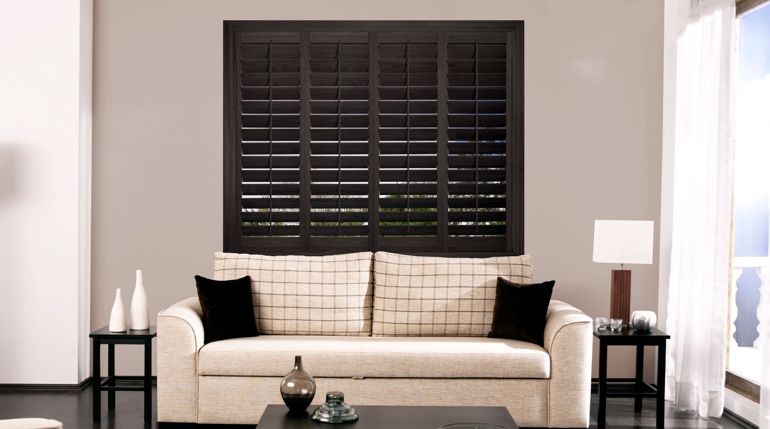 Philadelphia living room with plantation shutters.